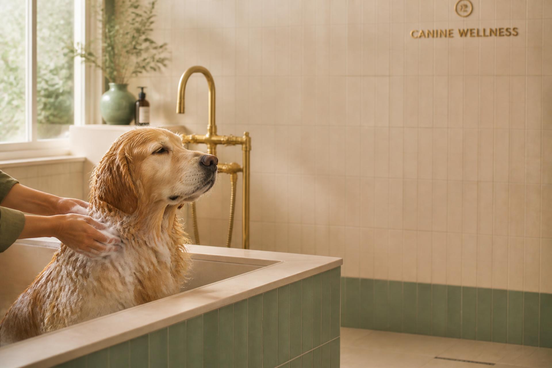 Golden retriever coccolato in una vasca elegante durante una seduta spa